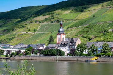 Mosel nehri manzaralı, üzüm bağları olan tepeler ve Almanya 'nın Zell kasabası.