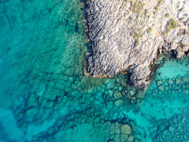 Kıbrıs Rum Kesimi 'nin Protaras kentindeki beyaz kumlu incir ağacı plajında Akdeniz' in berrak mavi suları.