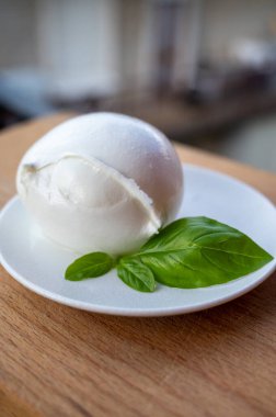 İtalyan yumuşak peynirli beyaz top Mozzarella di Bufala Campana ve taze yeşil fesleğen arka planda İtalyan evleriyle servis edilir.
