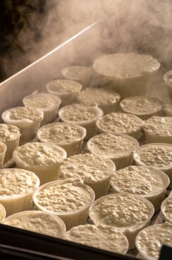 İtalya 'nın Parma kentindeki küçük peynir çiftliğinde sabahın erken saatlerinde taze, yumuşak ricotta peyniri yapma süreci.