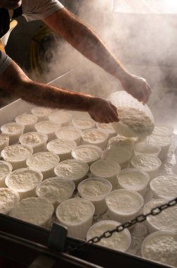 İtalya 'nın Parma kentindeki küçük peynir çiftliğinde sabahın erken saatlerinde taze, yumuşak ricotta peyniri yapma süreci.