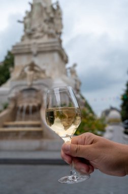 Brut şampanyası içmek sokak kafeteryasında köpüklü şarap şehrin eski merkezi manzaralı Reims, Champagne, France