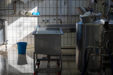 İtalya 'nın Parma kentindeki küçük peynir çiftliğinde sabahın erken saatlerinde taze, yumuşak ricotta peyniri yapma süreci.