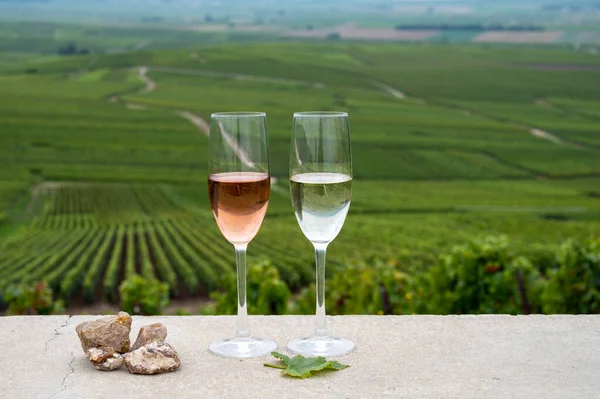 Glasses of white and rose brut champagne wine, firestones from vineyard soil and view on grand cru vineyards of Montagne de Reims near Verzenay, Champagne, France