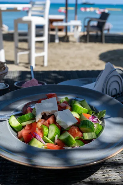 Summer Healthy Food Served Outdoor Sunlights Vegetable Greek Salad Made — Stock Photo, Image