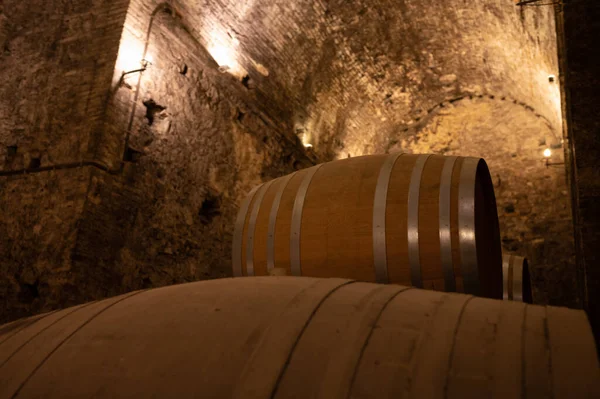 Caves Medievais Subterrâneas Com Velhos Barris Vinho Tinto Para Envelhecimento — Fotografia de Stock