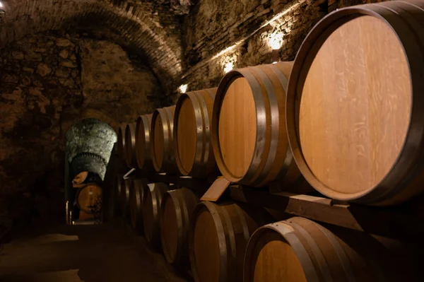 Μεσαιωνικά Υπόγεια Κελάρια Κρασιού Παλιά Βαρέλια Κόκκινο Κρασί Για Γήρανση — Φωτογραφία Αρχείου