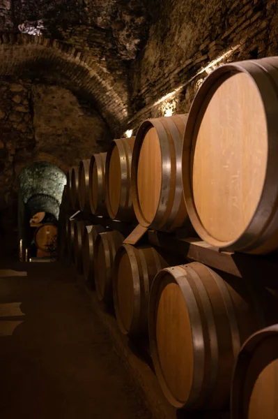 Medieval Underground Wine Cellars Old Red Wine Barrels Aging Vino Stock Photo
