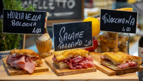 Italian Street Food Parma Ham Sandwiches Bread Cured Meats Market — Stock Photo, Image