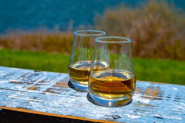 Tek malt viski ve karışık viski tadı mavi deniz, okyanus ya da nehir manzaralı, İskoçya, İngiltere 'de özel viski turları
