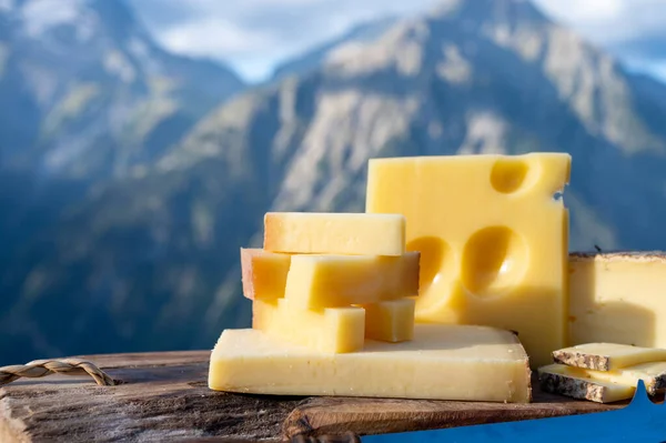 Sbírka Sýrů Francouzský Beaufort Abondance Emmental Tomme Savoie Sýry Podávané — Stock fotografie