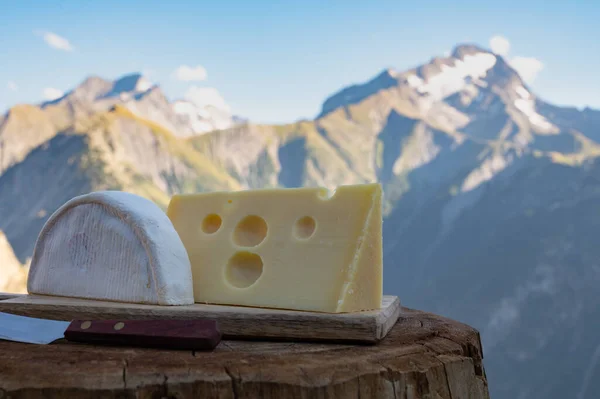 Sbírka Sýrů Francouzský Reblochon Sýr Emmental Savoie Gratin Podávaný Létě — Stock fotografie