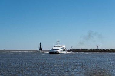 Hollanda, Friesland, Wadden Denizi 'ndeki Harlingen balıkçı kasabasının sahilinde yürüyorum.