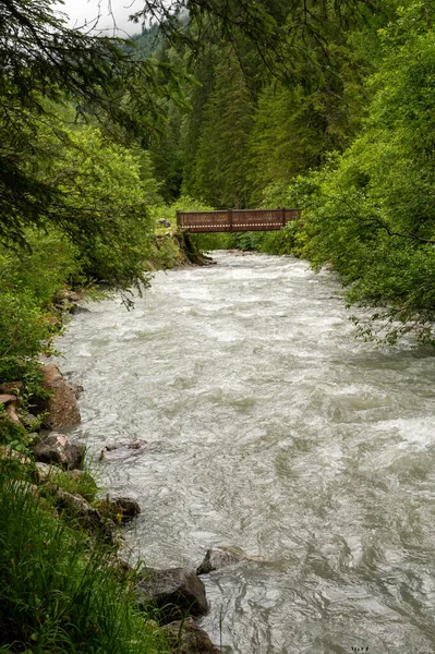 Vista Sobre Río Montaña Bon Nant Bosques Verdes Prados Apline — Foto de Stock