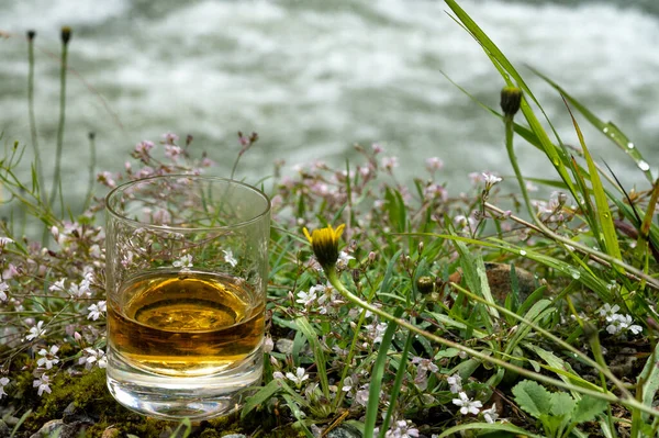 Glas Starker Scotch Single Malt Whisky Mit Schnell Fließenden Gebirgsflüssen — Stockfoto