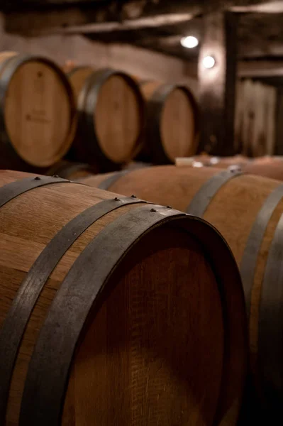 ブルゴーニュの洞窟の新しいオーク樽で乾燥した赤ワインの年の維持 ノワールのブドウから作られた 高価なフランスのワイン生産 — ストック写真