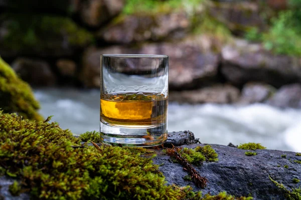 Glass Strong Scotch Single Malt Whisky Fast Flowing Mountain River — Stock Photo, Image