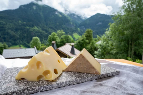 Cheese Collection Swiss Cow Cheese Emmental Gruyere Mountains Village Apls — Stock Photo, Image