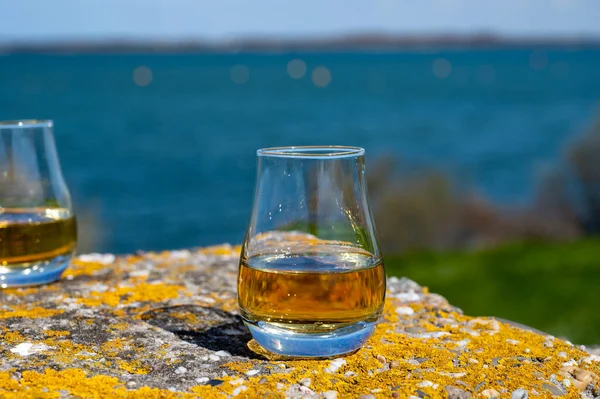 Degustacja Jednosłodowej Mieszanej Szkockiej Whisky Widokiem Morze Ocean Lub Rzekę — Zdjęcie stockowe
