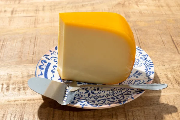 Sbírka Sýrů Kousek Mladého Holandského Gouda Sýra Vyrobeného Kravského Mléka — Stock fotografie