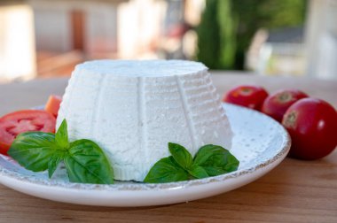Peynir koleksiyonu, taze domates ve fesleğenle servis edilen yumuşak İtalyan organik peyniri ricotta.