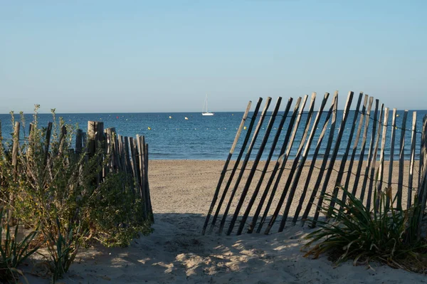 Vista Praia Areia Branca Les Sablettes Seyne Sur Mer Luzes — Fotografia de Stock