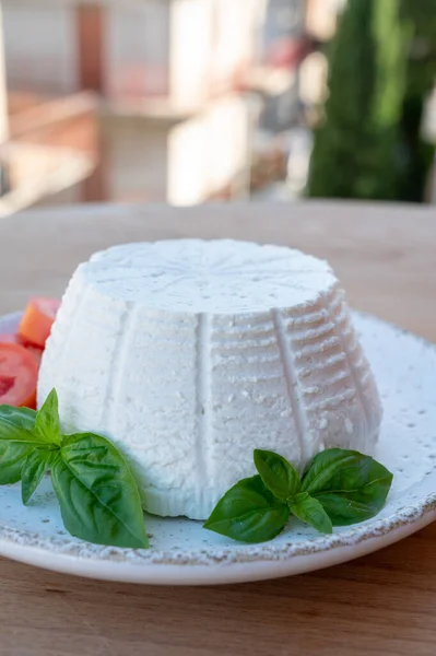 Sbírka Sýrů Bílá Italská Měkká Sýrová Ricotta Podávaná Čerstvými Rajčaty — Stock fotografie