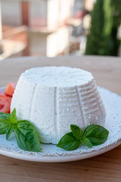 Colección Quesos Ricotta Italiana Blanca Queso Blando Servida Con Tomates — Foto de Stock