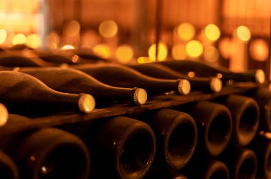 Derin ve uzun yeraltı mağaralarında, raflarda tozlu şişelerle yürür, Chardonnay 'den şampanya ve Reims, Champagne, France' da pinor noir üzümleri yapar.