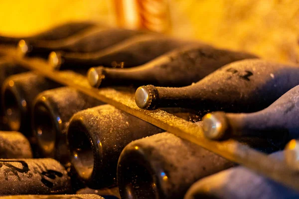 Procházky Hlubokých Dlouhých Podzemních Jeskyních Zaprášenými Lahvemi Regálech Výroba Šampaňského — Stock fotografie