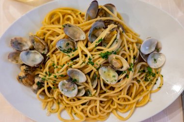 İtalyan deniz ürünleri akşam yemeği. İstiridyeli makarna, alle vongole yemeye hazır.