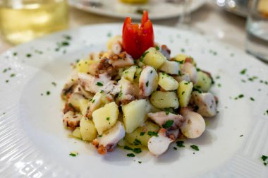 İtalyan restoranında servis edilen haşlanmış ahtapot, patates, zeytinyağı ve maydanozlu lezzetli salata.