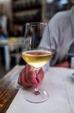 Geleneksel İtalyan restoranında misk kedisi beyaz çöl şarabıyla akşam yemeği.