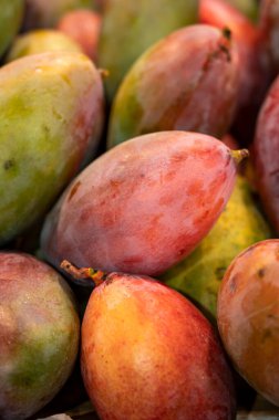 Taze sulu renkli mango marketteki kutuda tropikal meyveler