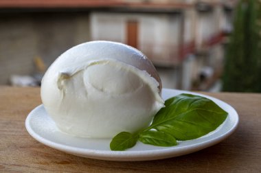 İtalyan yumuşak peynirli beyaz top Mozzarella di Bufala Campana ve taze yeşil fesleğen arka planda İtalyan evleriyle servis edilir.