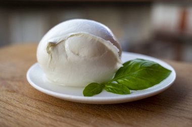 İtalyan yumuşak peynirli beyaz top Mozzarella di Bufala Campana ve taze yeşil fesleğen arka planda İtalyan evleriyle servis edilir.