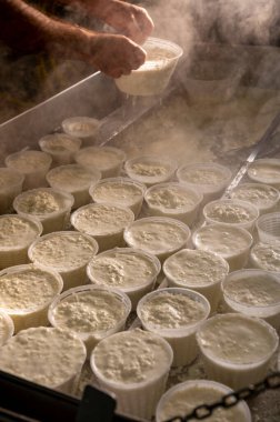 İtalya 'nın Parma kentindeki küçük peynir çiftliğinde sabahın erken saatlerinde taze, yumuşak ricotta peyniri yapma süreci.