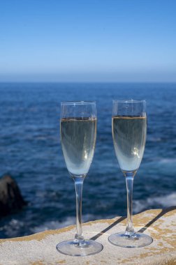 Yeni yıl kutlamalarında iki kadeh şampanya ya da İspanyol kavası köpüklü şarap ve Atlantik 'in mavi suları, Kanarya adaları, kış turistleri