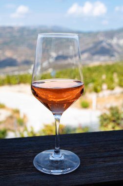 Kıbrıs adasının şarap endüstrisi, üzüm bağları manzaralı ve güneşli bir günde Troodos dağlarının güney yamaçlarında şarap tadıyor.