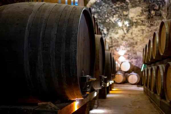 Caves Medievais Subterrâneas Com Velhos Barris Vinho Tinto Para Envelhecimento — Fotografia de Stock