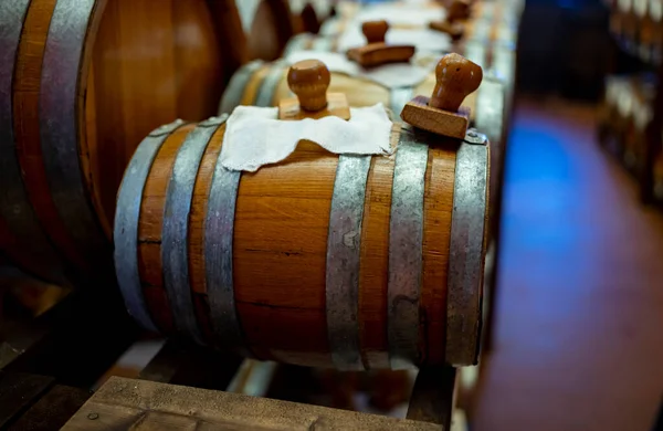 Traditional Production Aging Wooden Barrels Black Italian Balsamic Wine Igp — Stock Photo, Image