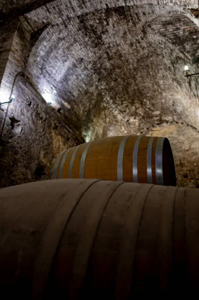 Középkori Földalatti Borospincék Régi Vörösboros Hordókkal Bornobile Montepulciano Érlelésére Óvárosban — Stock Fotó