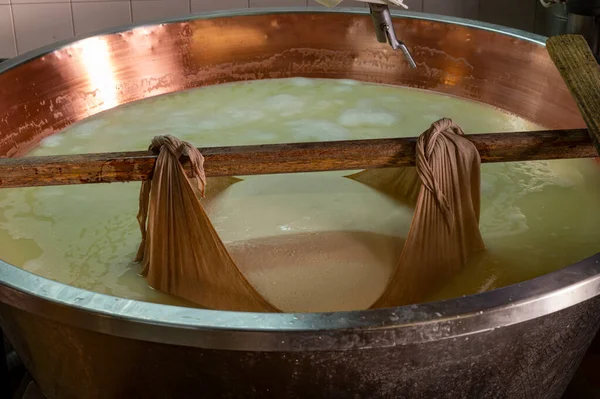 Parma, Reggio-Emilia, İtalya 'daki küçük peynir çiftliğinde parmesanlı parmesan peynirin inek sütü tekerleklerinden yapılan geleneksel işlem.