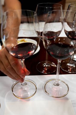 Kırmızı Brunello di Montalcino şarabı ve Montalcino Toskana, İtalya yakınlarındaki kantinde zeytinyağı tatma turu.