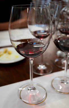 Kırmızı Brunello di Montalcino şarabı ve Montalcino Toskana, İtalya yakınlarındaki kantinde zeytinyağı tatma turu.