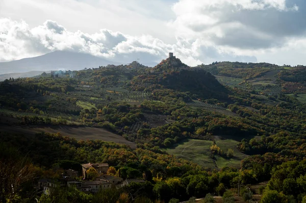 Wędrówki Wzgórzach Val Orcia Pobliżu Bagno Vignoni Toskania Włochy Krajobraz — Zdjęcie stockowe