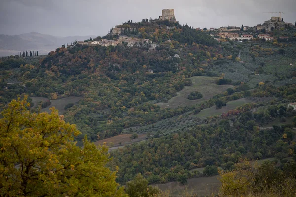 Άποψη Στους Λόφους Της Val Orcia Και Rocco Orcia Τοσκάνη — Φωτογραφία Αρχείου