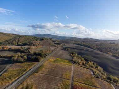 İtalya, Tuscany, Pienza yakınlarındaki Val d 'Orcia tepelerinde hava panoramik manzarası. Selvi ağaçları, üzüm bağları, ormanlar ve bulutlu sonbaharda sürülen tarlalarla Toskana manzarası.