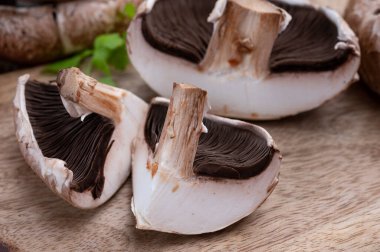 Lezzetli vejetaryen yemekleri, büyük kahverengi şampiyonlar Agaricus bisporus portobello mantarları.
