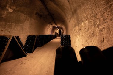 Derin ve uzun yeraltı mağaralarındaki raflarda şişeler şarap ve üzüm şarabından şampanya yapıyor Reims, Champagne, France 'ta.